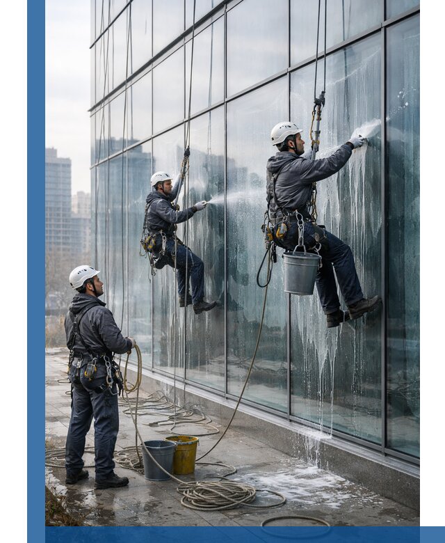 Промышленная мойка панорамных окон на высоте в Тулуне