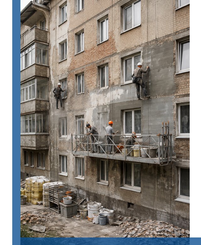 Капитальный ремонт фасада в Тулуне с восстановлением и гидроизоляцией