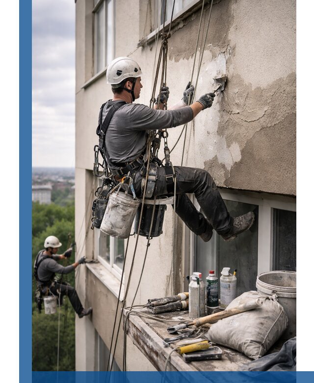 Косметический ремонт фасада зданий в Тулуне промышленными альпинистами