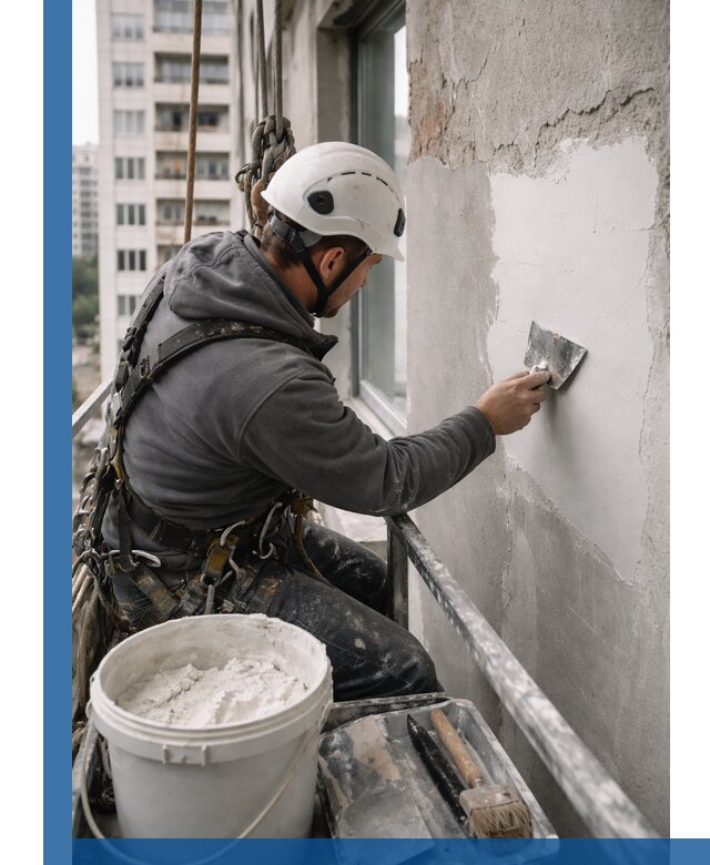 Шпаклевка фасадов на высоте с промальпинистами в Тулуне