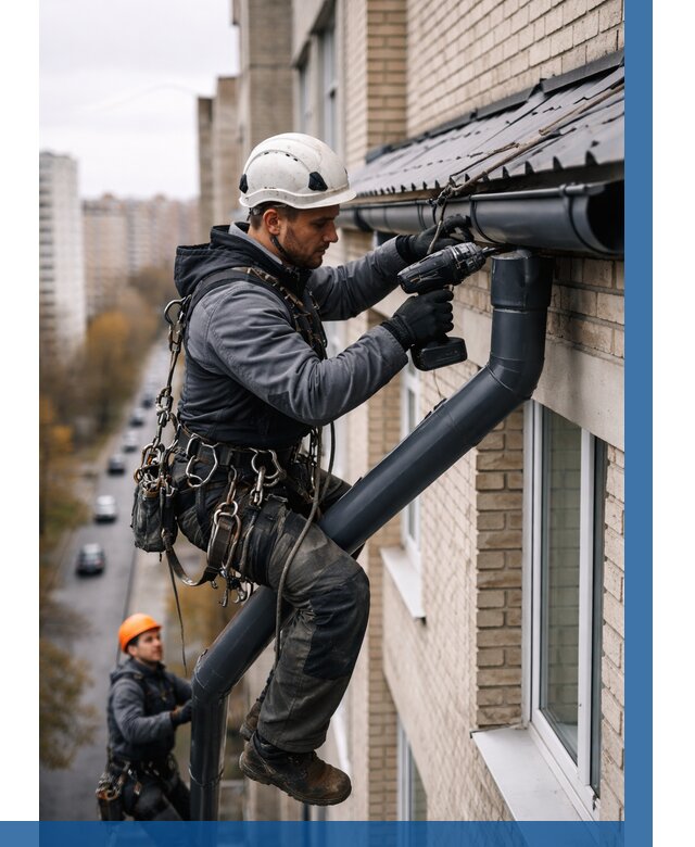 Монтаж водосточной системы на здании в Тулуне от 5395 р. | ВЫСОТНИК-Тлн