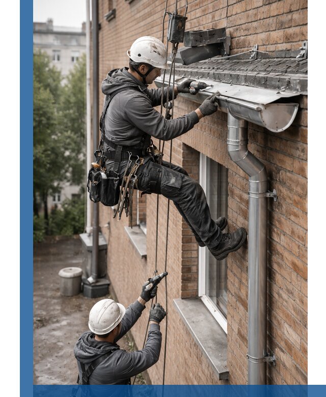 Монтаж водосточной системы на здании в Тулуне под ключ