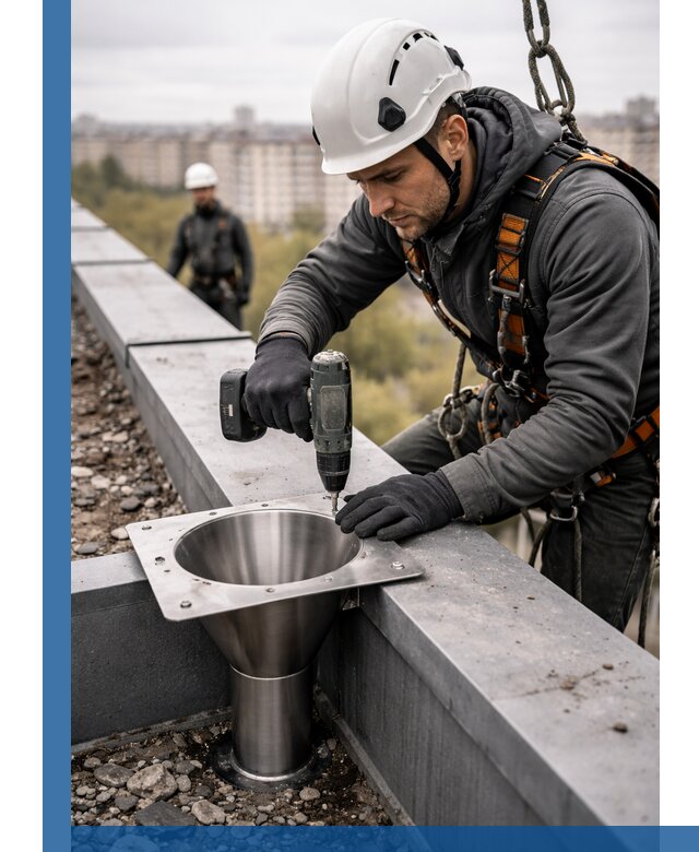 Монтаж водосточных воронок в Тулуне для промышленных зданий