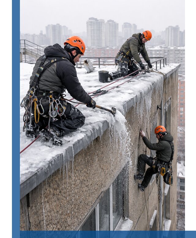 Удаление наледи с кровли в Тулуне промышленными альпинистами