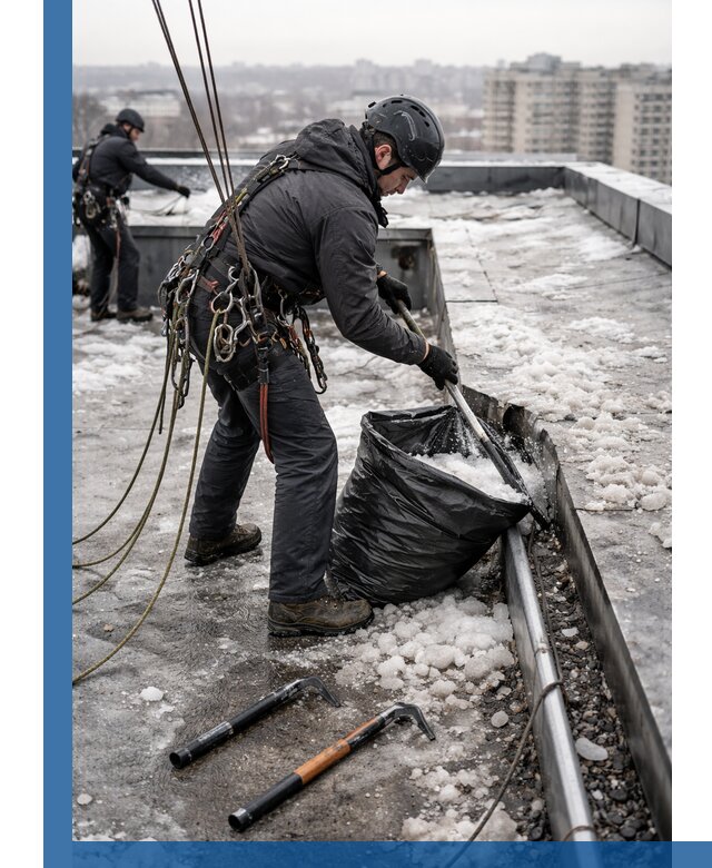 Аварийная очистка кровли в Тулуне от промальпинистов