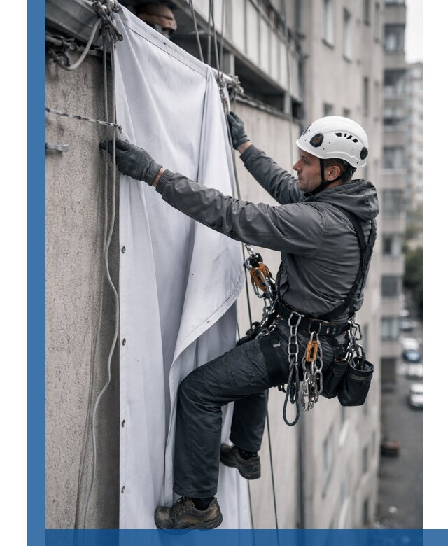 Замена баннерного полотна промышленными альпинистами в Тулуне