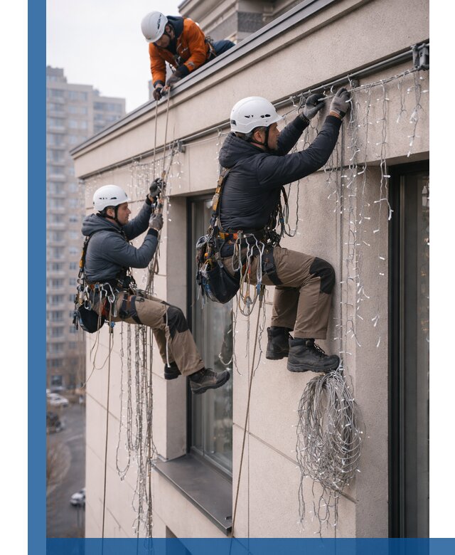 Монтаж праздничных гирлянд на фасаде в Тулуне для зданий