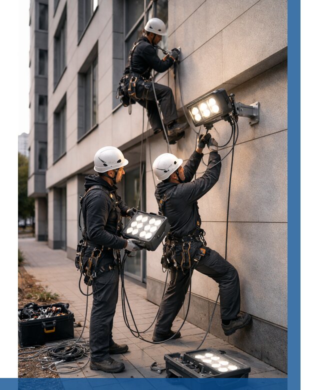 Монтаж прожекторов на фасаде в Тулуне от 8093 р. | ВЫСОТНИК-Тлн