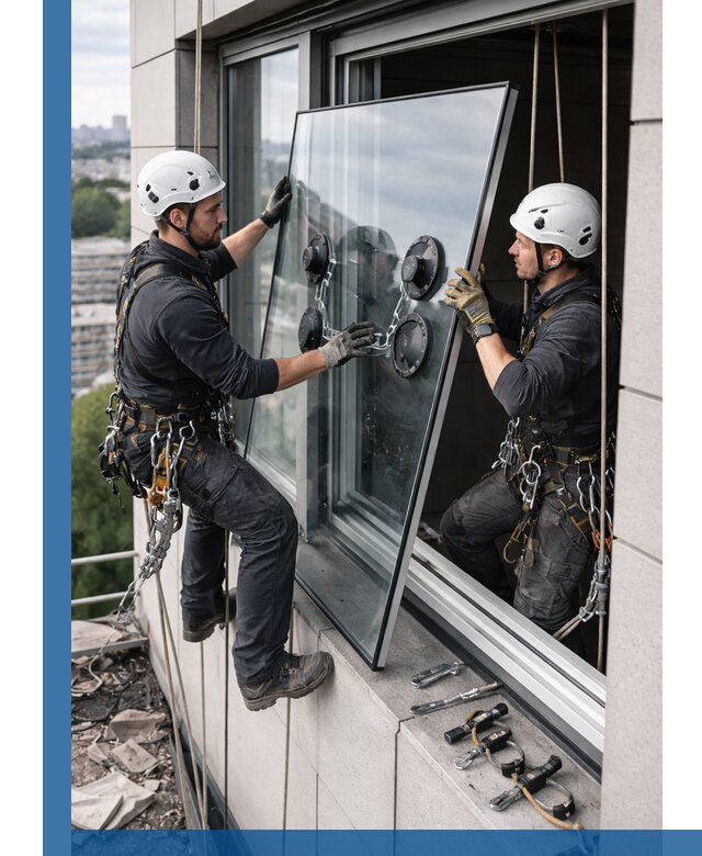 Замена стеклопакетов на высоте с промышленными альпинистами в Тулуне