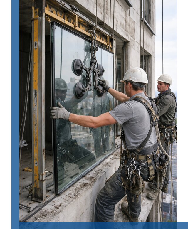 Монтаж стеклопакетов на высоте в Тулуне с промышленным альпинизмом