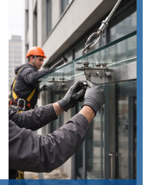 Монтаж стеклянных козырьков в Тулуне от 9172 р. | ВЫСОТНИК-Тлн