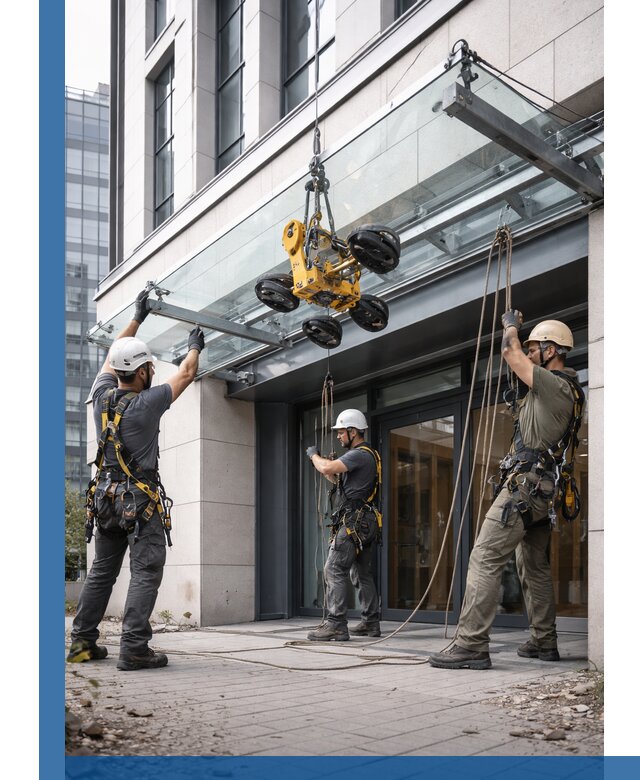 Монтаж стеклянных козырьков под ключ в Тулуне для зданий