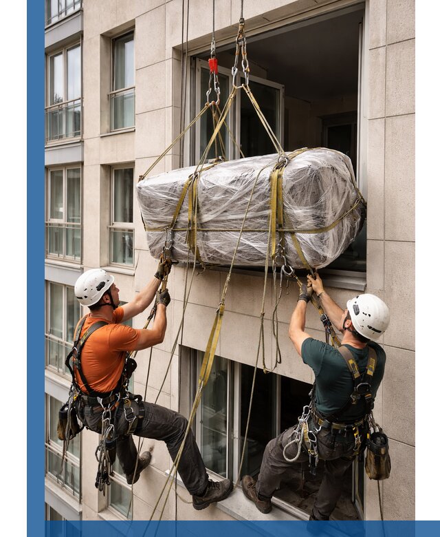 Подъем грузов через окно в Тулуне промышленными альпинистами