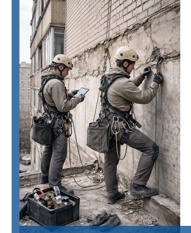 Обследование фасада промышленными альпинистами в Тулуне